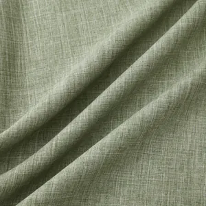 Close-up detail of green cotton linen fabric texture for men's stand-collar shirt