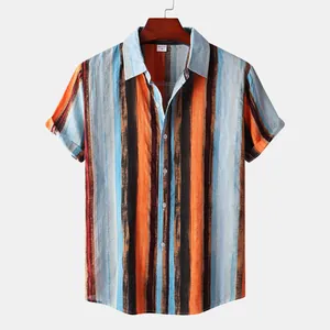 Front view of men's cotton-linen short-sleeve shirt with vibrant vertical stripe print