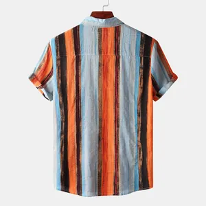 Detailed back view of men's colorful vertical striped cotton linen Hawaiian short sleeve shirt