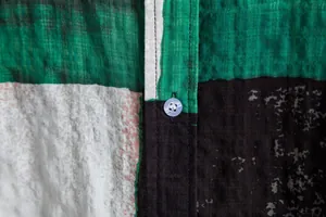 Close-up of men's casual floral shirt showing button detail and linen fabric texture