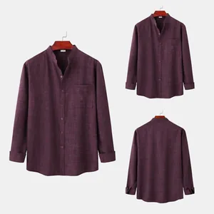 Detail view of purple cotton-linen mandarin collar shirt with front and back views.