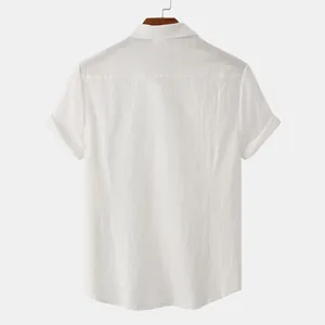 Detailed back view of a white breathable cotton linen short sleeve shirt for men