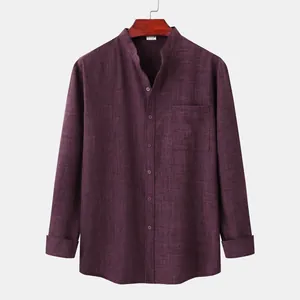 Men's dark purple long sleeve shirt with stand collar and front pocket detail shown on hanger