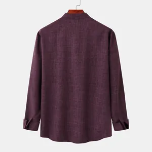 Back view of men's plum linen long sleeve shirt with stand collar and fabric texture