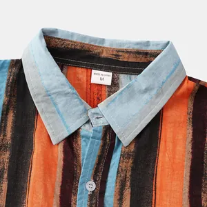 Close-up detail of the collar on a men's striped Hawaiian cotton linen shirt