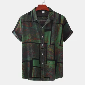Men's loose short sleeve summer shirt with green abstract marble print and lapel