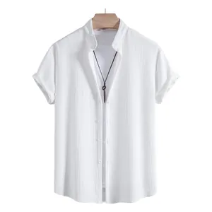 Men's white short sleeve casual shirt with vertical texture and a minimalist stand collar design