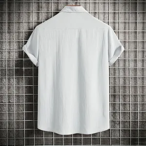 Detailed back view of a white short-sleeved casual shirt featuring textured crinkle fabric