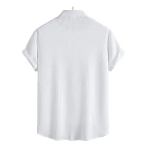 Detailed back view of a men's white short-sleeve casual shirt with vertical ribbed texture