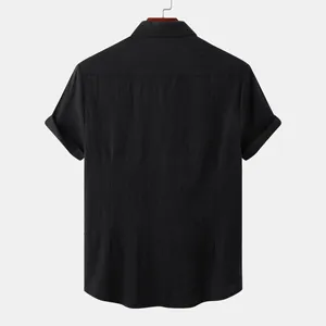Back view of a black men's cotton linen short-sleeved shirt with neat stitching.