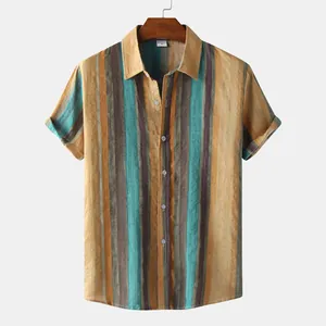Close-up of men's striped cotton linen short sleeve shirt with vibrant colors.