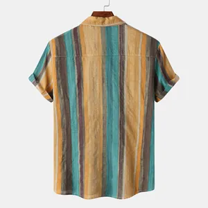 Back view of men's vintage vertical striped cotton linen short sleeve Hawaiian shirt
