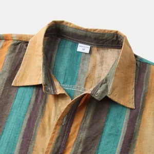 Close-up of a men's multi-color striped cotton linen shirt collar with M size label