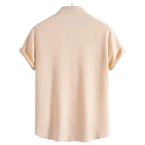 Back view detail of men's apricot short sleeve shirt with vertical rib texture