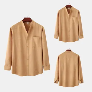 Detailed views of men's ginger cotton linen shirt with stand collar and pocket