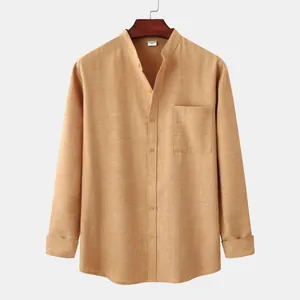 Detail view of ginger orange stand collar men's long-sleeve linen-blend casual shirt