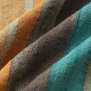 Close-up of premium cotton linen fabric texture on a striped short sleeve shirt for men