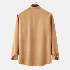 Detailed back view of men's mustard yellow stand collar long sleeve linen cotton shirt