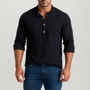 Ανδρικό διαπνέον πουκάμισο Henley από βαμβάκι και λινό, μακρυμάνικο σε σκούρο μπλε