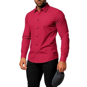 Front view detail of a men's solid magenta long sleeve casual button-down shirt