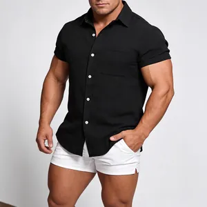 Slim fit men's short sleeve linen shirt in solid black with chest pocket detail