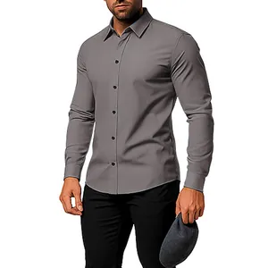 Detailed view of a slim fit men's grey long sleeve shirt with a classic collar design