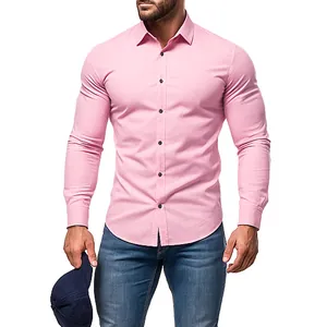 Detail view of a men's slim fit long sleeve shirt in a vibrant pink solid color finish