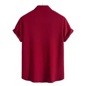 Back view of men's burgundy short sleeve shirt featuring a premium ribbed texture