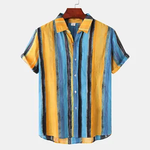 Detailed view of men's Hawaiian striped short sleeve shirt with vertical patterns.