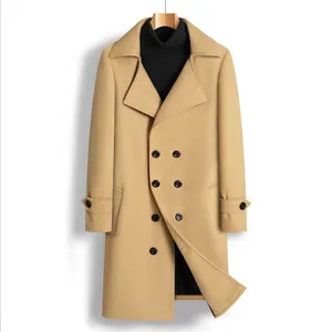 Classic camel double-breasted men's woolen overcoat with a sophisticated mid-length cut