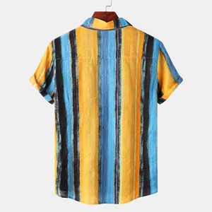 Detailed back view of a men's cotton linen Hawaiian shirt with vibrant vertical stripes