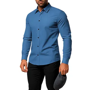 Close-up of a men's slim fit long sleeve blue casual shirt with classic black buttons
