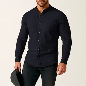 Slim fit men's navy cotton linen long sleeve shirt with mandarin collar and chest pocket