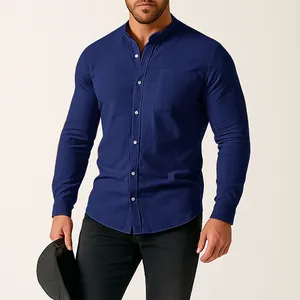 Detailed view of men's navy blue cotton linen long sleeve shirt with mandarin collar