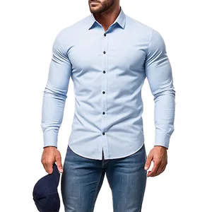 Detail shot of a men's light blue slim-fit long-sleeved casual shirt with dark buttons