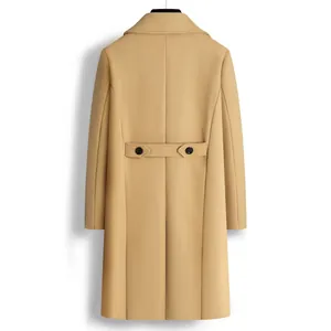 Back view detail of a classic camel men's mid-length woolen overcoat with decorative waist belt