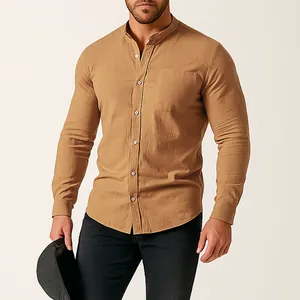 Close-up of a men's camel cotton linen long sleeve shirt featuring a minimalist band collar