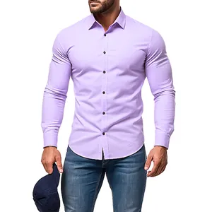 Premium slim fit men's long sleeve lavender purple casual solid button-down shirt