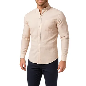 Detail view of men's beige cotton linen shirt with mandarin collar and chest pocket