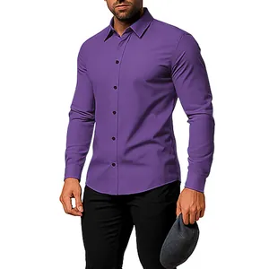 Detail shot of men's purple long-sleeved casual shirt with a slim fit and button-down collar.