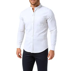 Detailed close-up view of a white linen-cotton shirt showing the fabric texture