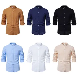 Men's cotton linen long-sleeved shirts in six solid colors featuring stand collars