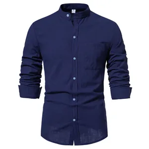 Detailed view of navy blue men's cotton linen long-sleeved shirt with a stand collar