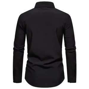 Detailed back view of a classic black long-sleeved casual shirt for men's spring wear