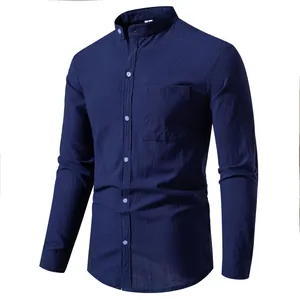 Side view detail of a navy blue cotton linen men's shirt with chest pocket and buttons.