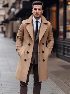 Herren Mittellanger Wollmantel Doppelreihig Slim Fit Trenchcoat Mode Casual Business Oberbekleidung Revers Winterjacke