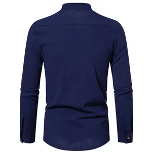 Back view of navy blue men's cotton linen long sleeve shirt showing fabric texture