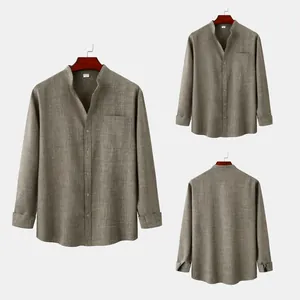 Detailed views of men's cotton linen shirt with mandarin collar in olive grey