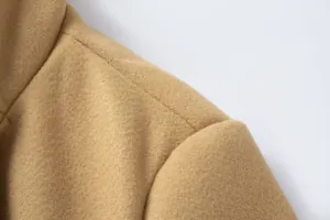Macro view showing the high-quality shoulder stitching and texture of a camel men's wool overcoat