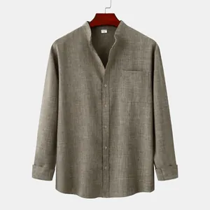 Detailed view of a men's stand collar long-sleeve cotton linen shirt in textured brown.